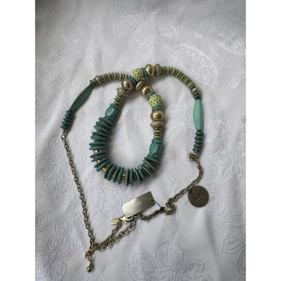 Chicos 20" Long Gold Tone Turquoise Blue Green Bead Statement Necklace NEW - Picture 6 of 11